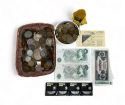Mixed pre-decimal coins, mainly pennies, some half crowns etc, World banknotes (11), Motor Fuel