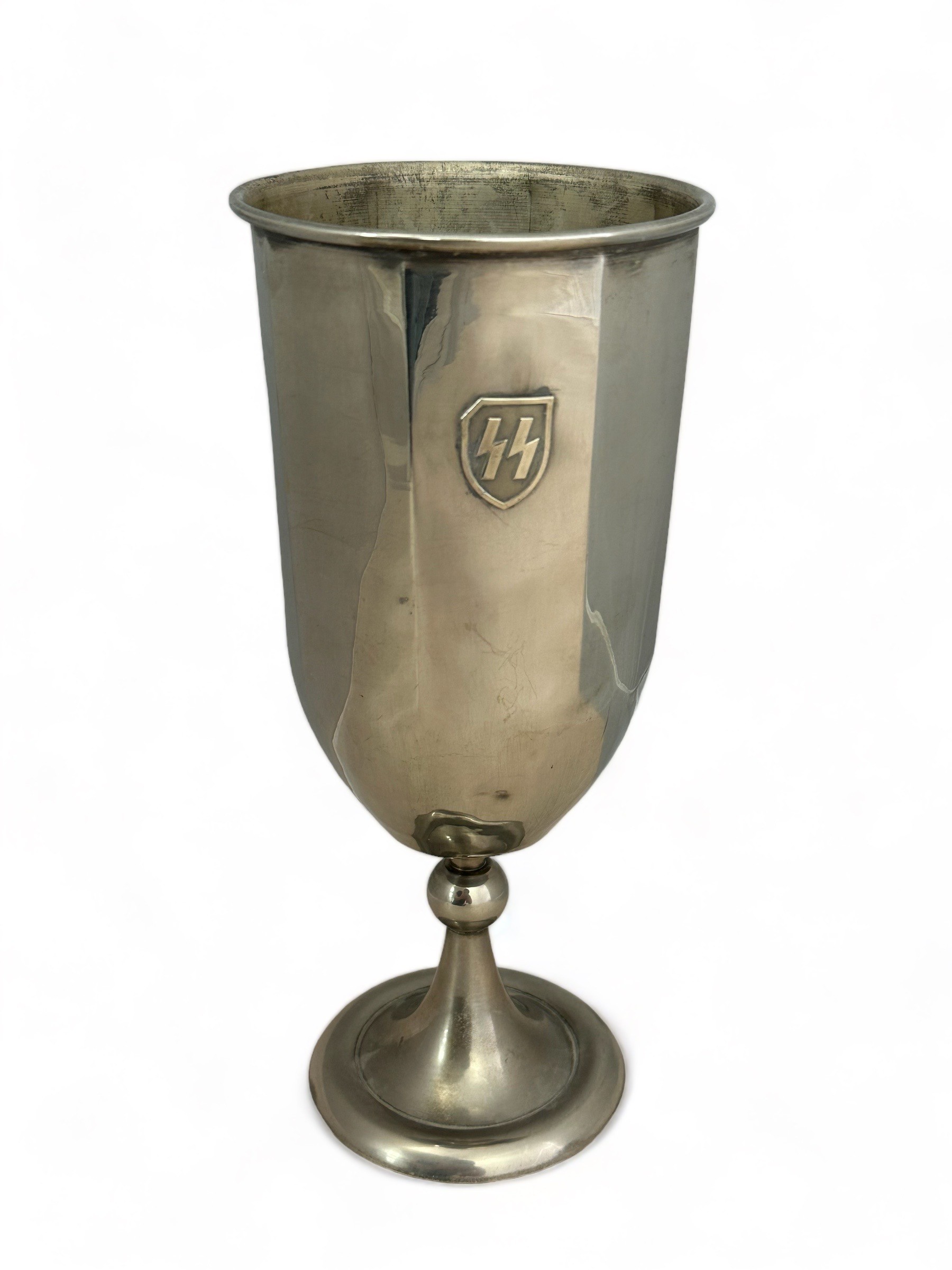 German Third Reich, SS white metal challenge trophy in goblet form. Raised Waffen SS insignia to - Image 3 of 6