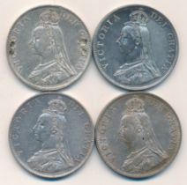 Range of four double florins dated 1887 (2) and 1889 (2). One of the 1889 coins has been previously