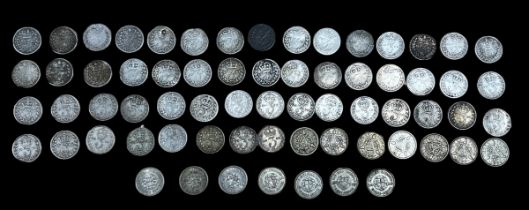 Collection of silver threepences (67), in mixed condition, all different dates (except one) with