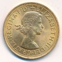 Elizabeth II 1963 full gold sovereign, about uncirculated.