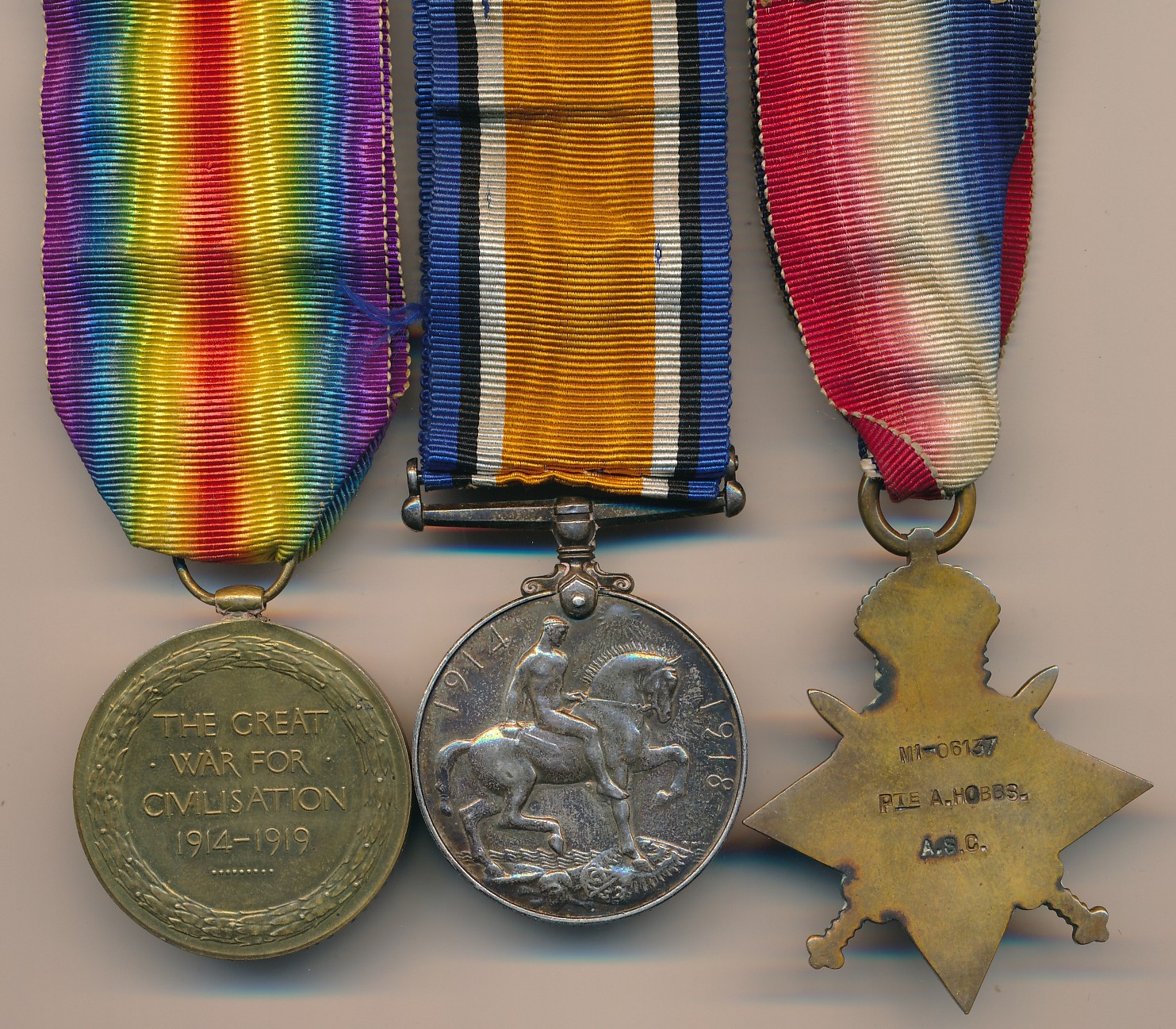 First World War – 1914 Star Trio awarded to M1-6137 PTE A. HOBBS. A.S.C. Archibald Hobbs. With - Image 2 of 3