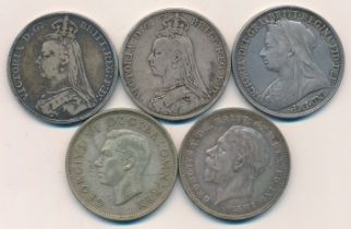 Range of Five Crowns dated 1890, 1891, 1896, 1935 and 1937.