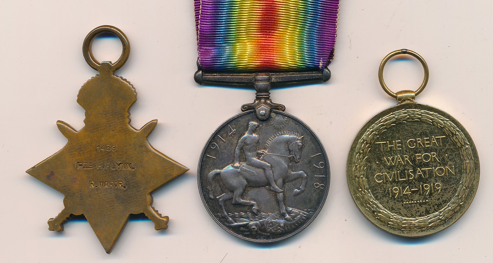First World War - 1914-15 Star trio to 1439 Pte H. Flynn R. War R. extremely fine. Harold ( - Image 2 of 2