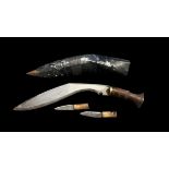 Nepalese / Gurkha Regiment Kukri knife dagger. Flat wooden pommel with a carved wooden grip and