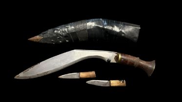 Nepalese / Gurkha Regiment Kukri knife dagger. Flat wooden pommel with a carved wooden grip and