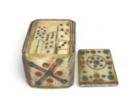19th Century Napoleonic Prisoner of War carved bone dominoes, contained within a rectangular sliding
