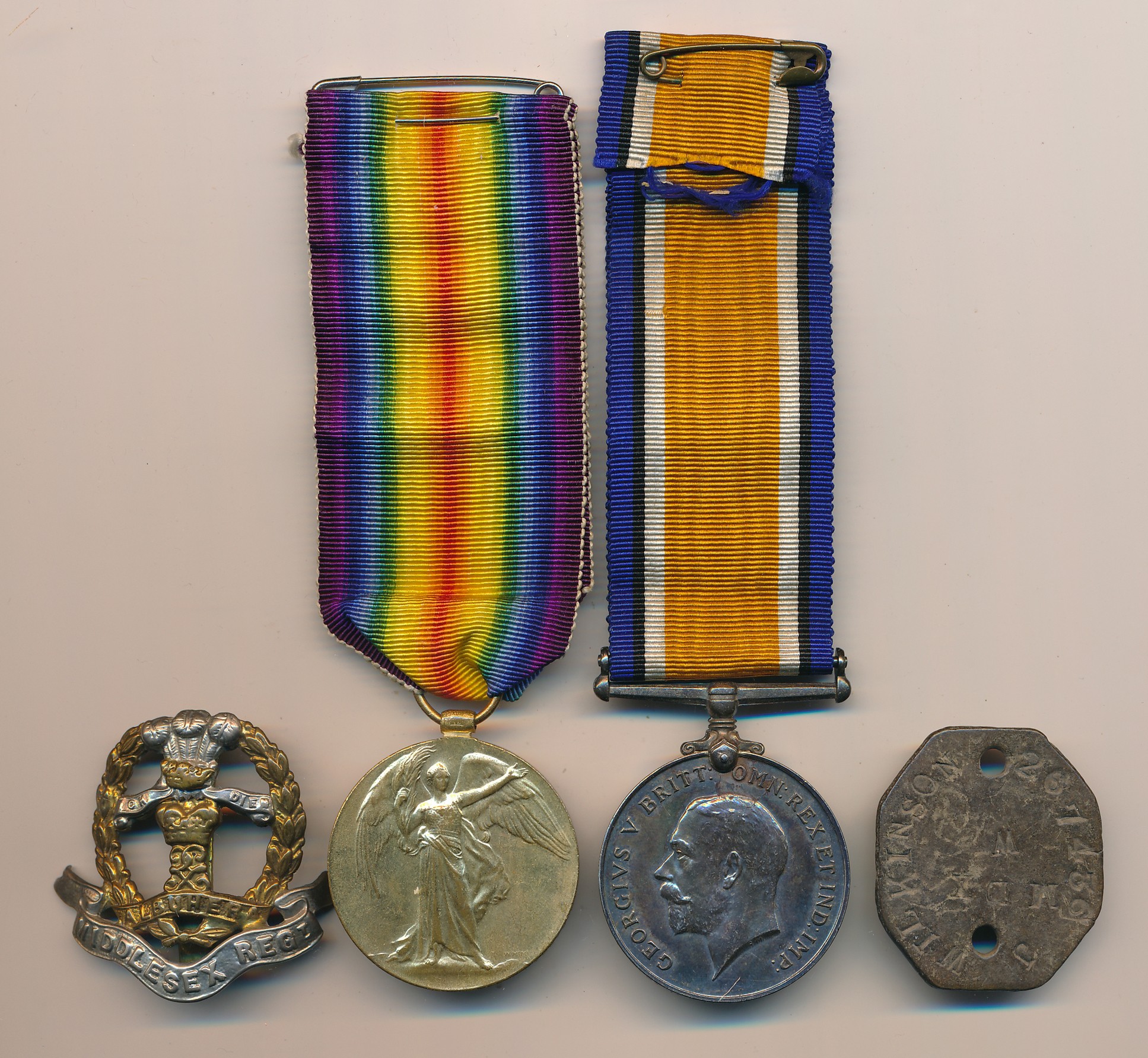 First World War - War Medal and Victory Medal to 267436 Pte J. Wilkinson Midd’x R. nearly mint. With