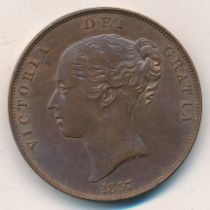 Victoria 1857 Penny, Close Colon with Full Luster (GVF).