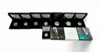 Collection of boxed silver proofs FDC (8) with £5 2015 Churchill with outer card pictorial cover,