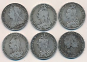 Range of silver crowns (6) in mixed condition with 1820, 1888, 1889, 1891 (2) and 1898.