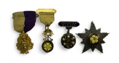 Primrose League badges. Champion Warden 1912 Badge, Honorary Treasurers Badge, Honorary Knight Of