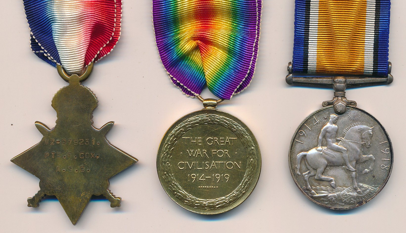 First World War – 1914-15 Star Trio awarded to M2-079231 PTE F. COX A.S.C. Frederik Cox. With - Image 2 of 3