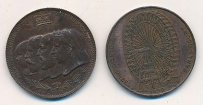 Pair of tokens with 1897 Four Generations of the British Royal Family Jubilee token and 1899 Earls