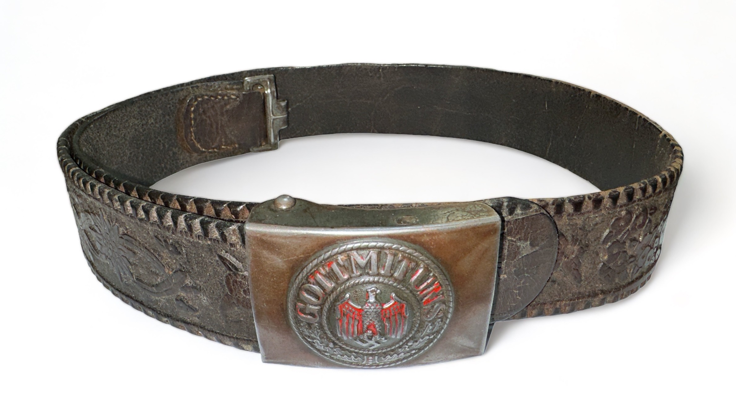 Third Reich Army belt buckle, Gott mit Uns fitted on leather belt. Buckle without maker’s name and - Image 2 of 2