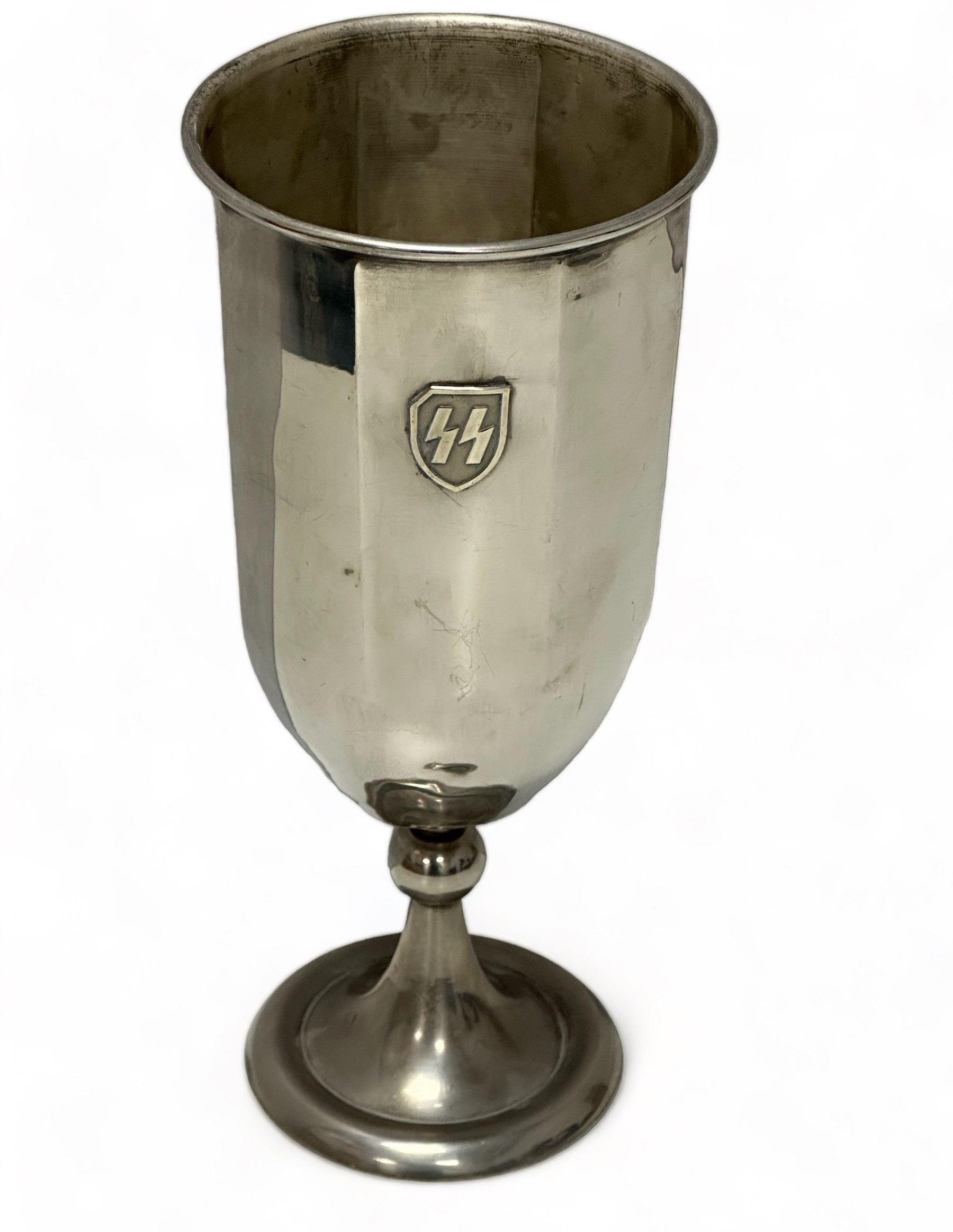 German Third Reich, SS white metal challenge trophy in goblet form. Raised Waffen SS insignia to - Image 2 of 6