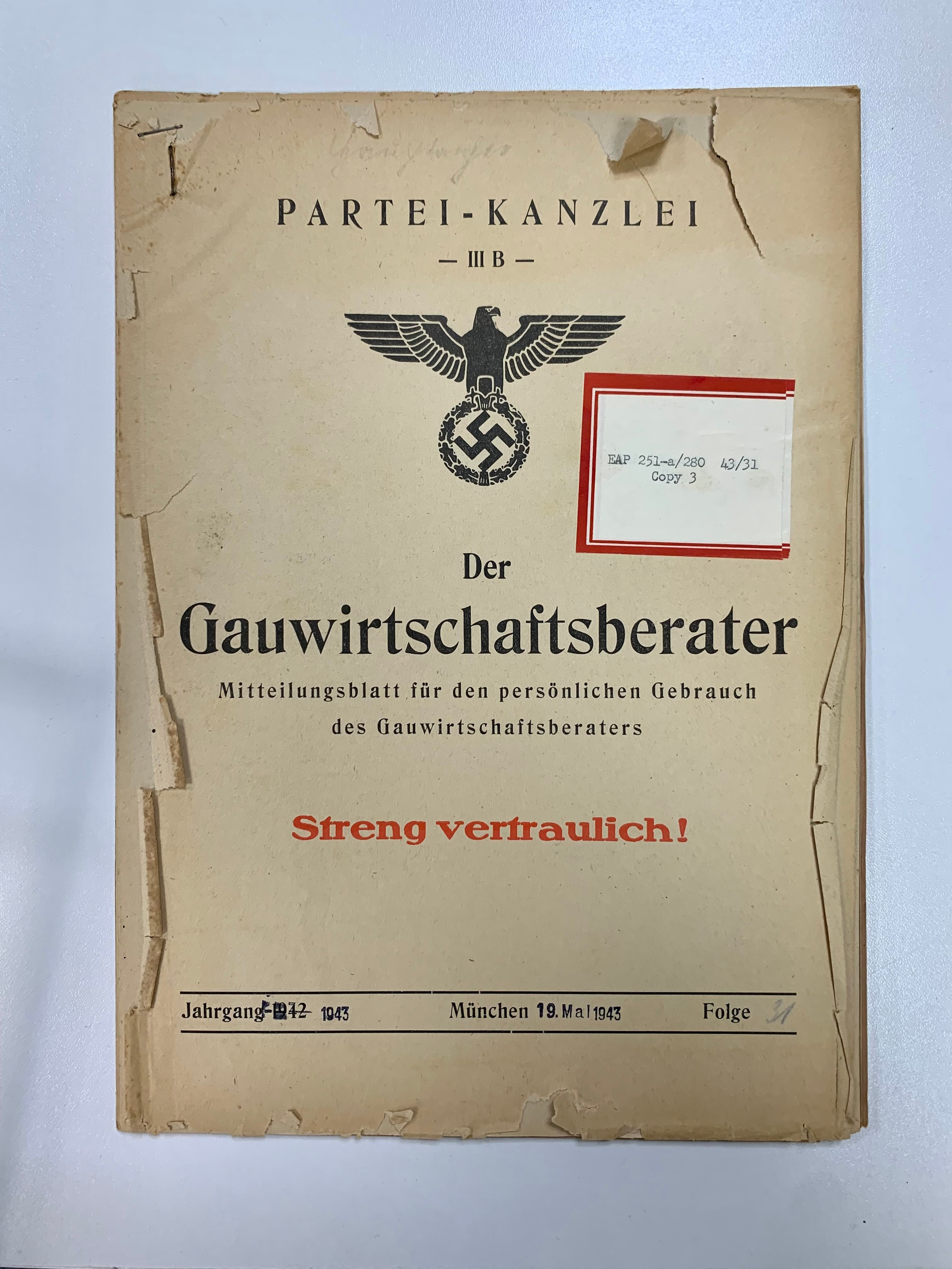 Third Reich, Party Law Firm confidential bulletin relating to General Economic Policy. Front reads ‘