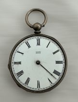 A small silver key wind Baume Geneve pocket watch with white enamel dial, Arabic numeral hour