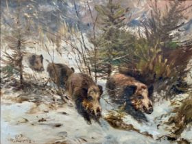 Wilhelm Lorenz (German, 1901-1981), Wild Boars in a winter landscape, large oil on canvas.