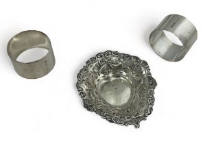 Silver heart shaped pin tray with marks for T Beardsmore, Birmigham 1900, and a pair of plain silver