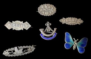 Six vintage brooches. Including four late Victorian hallmarked silver brooches, one with foliate