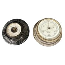 2x Small Barometers. 1x Carved wood round barometer with Stewart. Limerick & Ennis inscribed to