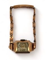 YM 9ct gold ladies wristwatch and bracelet with rectangular face. Total weight 14.58g. AF.