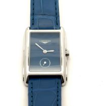 New, unworn ladies Longines Dolce Vita Tank watch. Blue dial, blue strap and quartz movement.