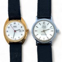 Two 1960s Oris Watches. An Oris 17 jewel manual gold plated watch, with a silvered dial, Arabic