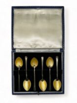 Set of Six Silver Gilt Enameled Spoons, hallmarked Turner & Simpson. In a blue presentation box.
