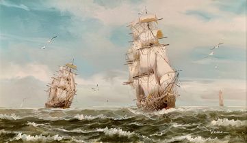 Roberto Vaseo (Contemporary), large oil on canvas painting of two schooner ships on choppy waters.