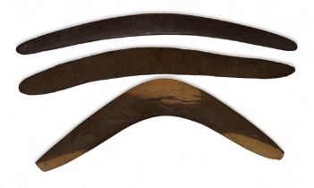 Aboriginal Boomerangs. Three Boomerangs the largest of which is 75cm x 6cm with incised markings the