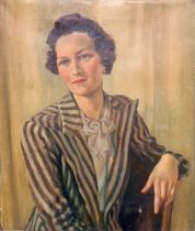 20th Century British large competent portrait of a seated lady, oil on canvas. Unsigned and