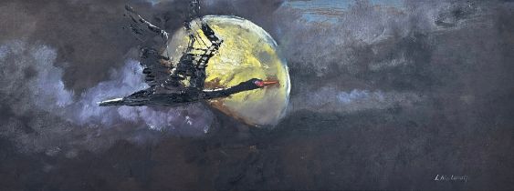 L. Abplanalp (Contemporary), oil on board painting of a goose flying in front of the moon. Framed,