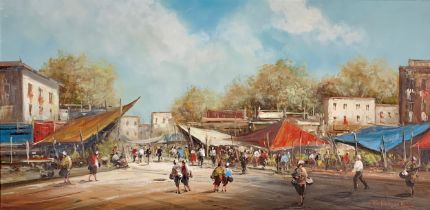 T. Dones (Contemporary), large oil on canvas painting of an Italian market scene, likely Naples.