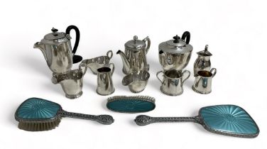 Box of Assorted Silver Plate to include Two Teapots, one coffee pot, four milk jugs, one sugar bowl,