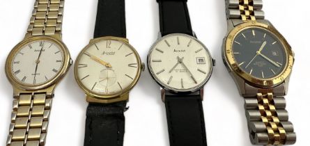 4 Accurist watches. Includes: a 1960s 1407 21 jewel manual gold plated watch, a 1970s 21 jewel