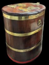 18th or 19th Century ships brine / storage barrel with brass bands and mounts. H80cm, 60x48cm.