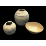 Chinese Ming Dynasty Celadon glaze bowl & Two 18th Century Pottery Jars