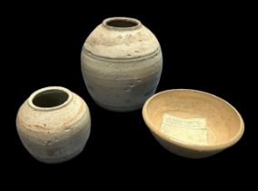 Chinese Ming Dynasty Celadon glaze bowl & Two 18th Century Pottery Jars