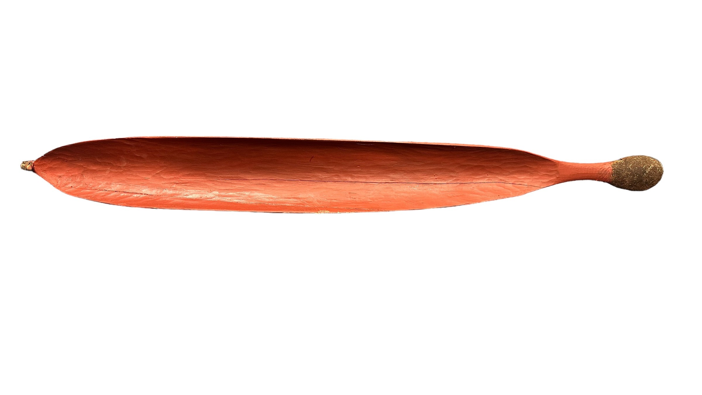 Aboriginal carved wooden Woomera, (spear thrower) possibly Mulga wood, coated in Red Ochre 86 x 10.