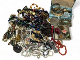 A collection of costume and silver jewellery, beaded necklaces, trinket boxes etc