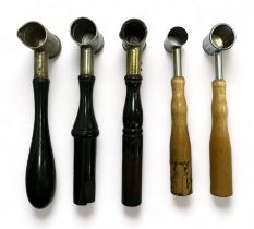 5 Powder/Shot Measures, one marked Lyman-Ideal Middlefield-Conn. with beech handle, three vintage
