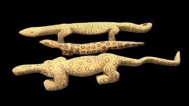 Three Aboriginal Carved Lizards possibly representing Goanna's, monitor lizards, one 87 x 15cm