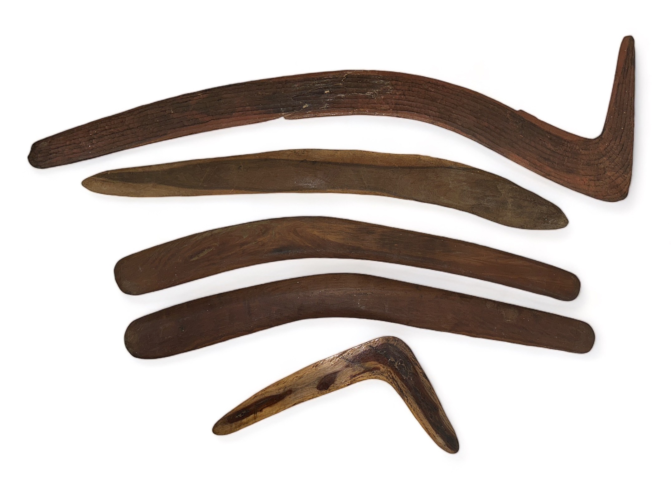 Aboriginal Boomerangs. 5 in total one large hunting boomerang 75cm x 20cm with unusual striated - Image 2 of 2