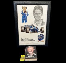 Damon Hill Watching The Wheels signed autobiography hardback book, plus framed print approx. H68.5cm