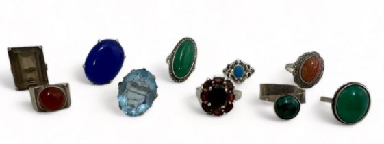 A collection of ten gem set rings, stamped 'silver' or 'sil'. Sizes G to P, but mostly size K.