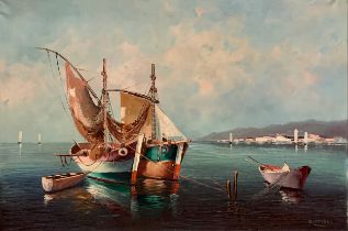 Bottinni (Contemporary), large oil on canvas seascape featuring fishing boats and a man fishing