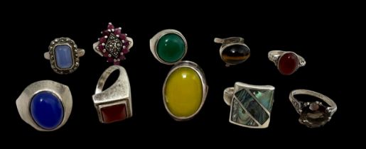 A collection of ten gem set rings, stamped silver or 925. Sizes K to O.