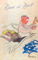 Beer is Best advertising sign, featuring an old man in bed with a scantily clad blonde lady, the man
